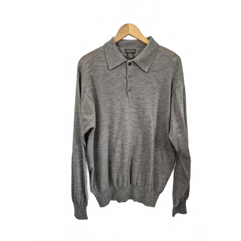Cortina Mens Heather Gray Long Sleeve Sweater Polo Style 100% Merino Wool Made I